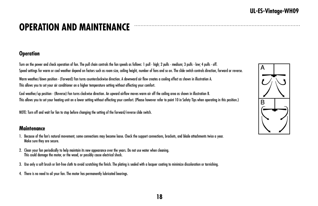 Westinghouse UL-ES-Vintage-WH09 owner manual Operation And Maintenance 